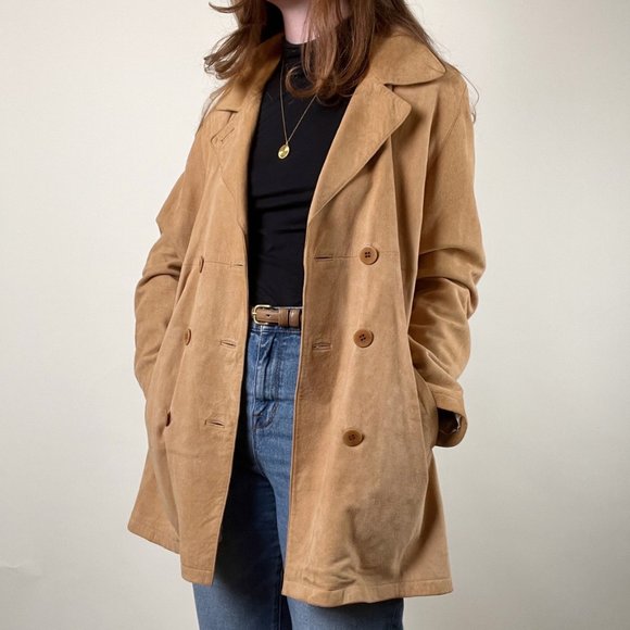 Vintage Jackets & Blazers - Vintage Suede Leather Camel Double Breasted Peacoat Trench Jacket Coat Shacket